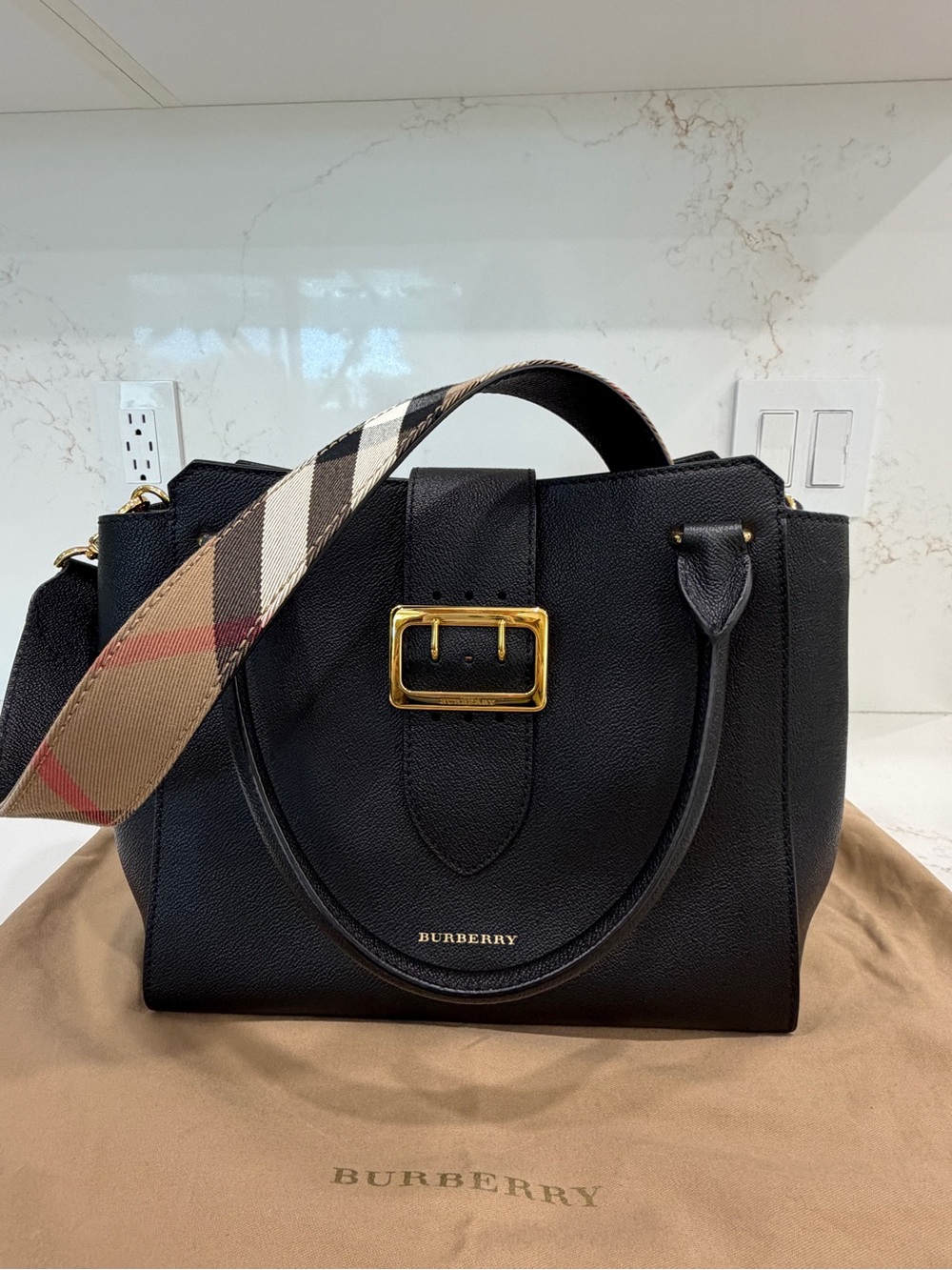 Burberry Black Leather Satchel with Signature Check Strap